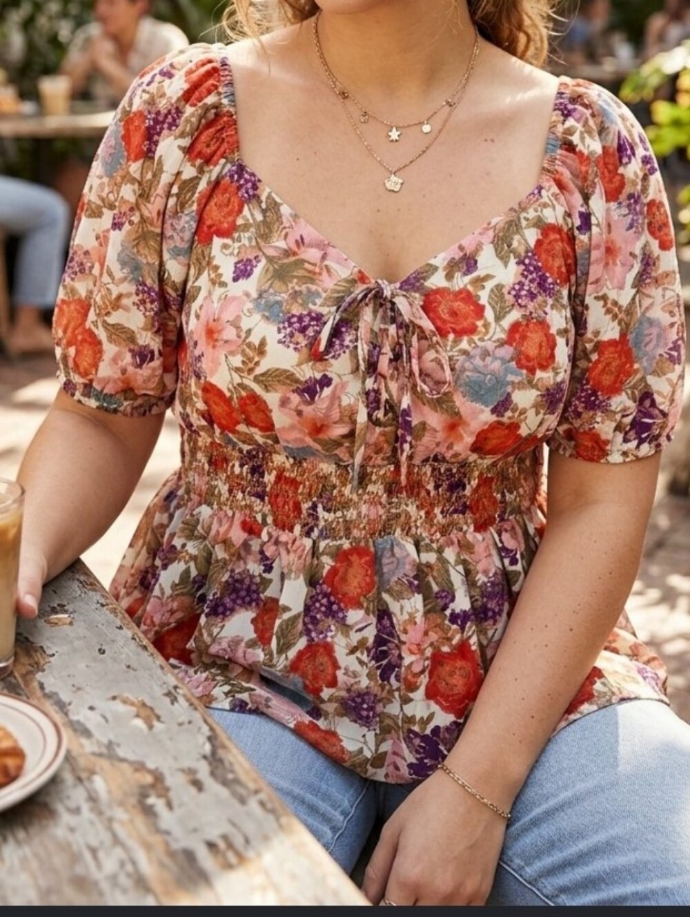 Torrid Floral Top Georgette Eyelet Smocked Puff Sleeve Peplum Boho Cottagecore L